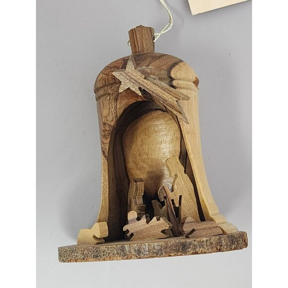 Vintage Wilderness Woods Olive Wood Nativity Christmas Ornament Bell Made Israel - Picture 1 of 10